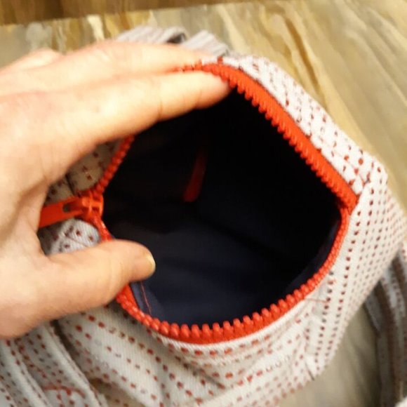 Double Handle Sling Purse Backpack Bag Blue Denim Polla Dot Red Multi Zippers - Picture 13 of 14